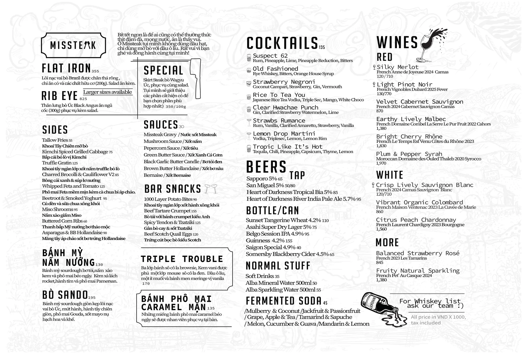 The full Missteak printed menu in Vietnamese: steak, sides, bar snacks, sauces, dessert, wine, cocktails and beer